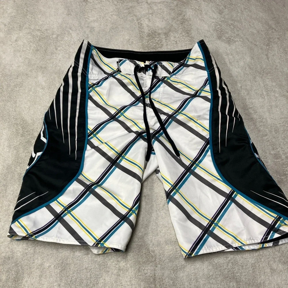 Y2K Fox Racing Board Shorts Plaid Geometric Abstract Big Logo Mens 30